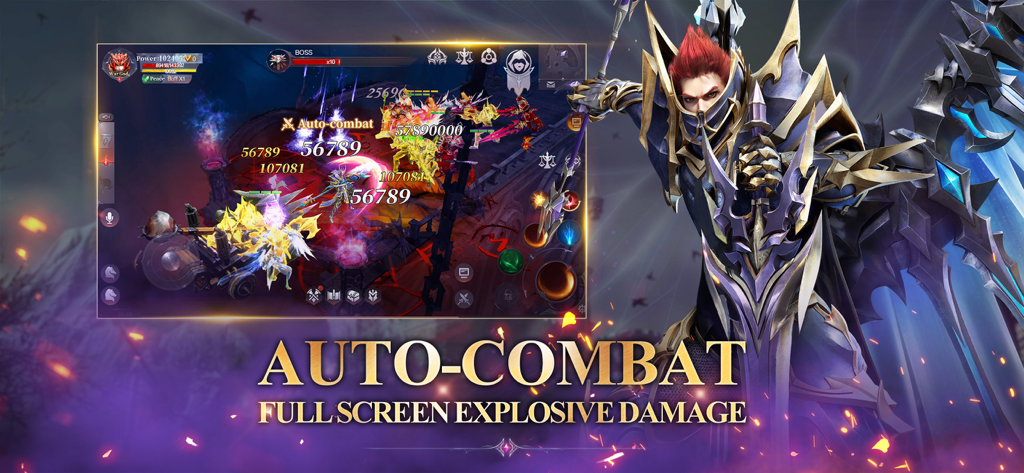 MU: Dark Awakening - Gameplay de combat automatique MMORPG mobile MU Dark Awakening montrant des chiffres de dégâts explosifs et un personnage de dark fantasy