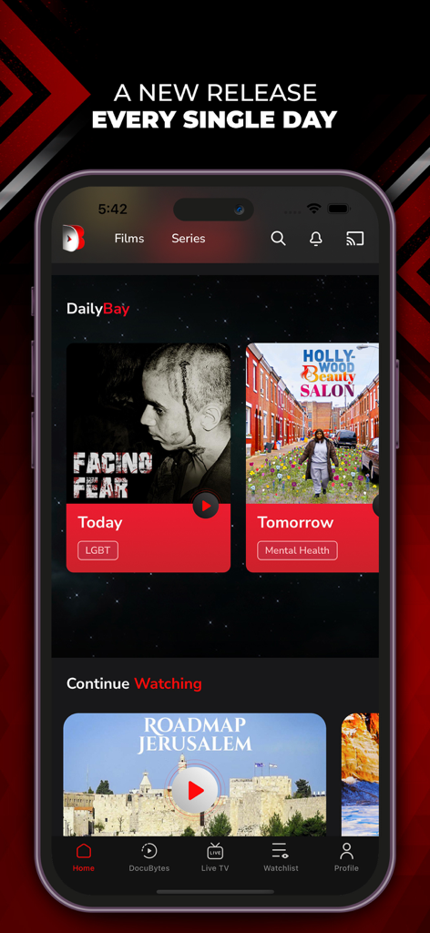 DocuBay - Watch Documentaries - DocuBay App-Oberfläche, die tägliche neue Dokumentationsveröffentlichungen auf dem iPhone zeigt