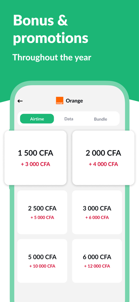 Pantalla de la app Libon mostrando varias opciones de recarga de crédito y bonificaciones para el operador Orange