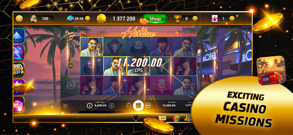 Volcano Epic Slots - Volcano Epic Slotsのゲームプレイ画面、ホットラインテーマとカジノミッションをフィーチャー