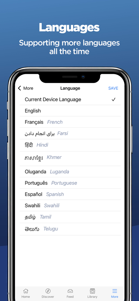 Sermons by SermonAudio - Language selection screen in the Sermons by SermonAudio app featuring various supported global languages