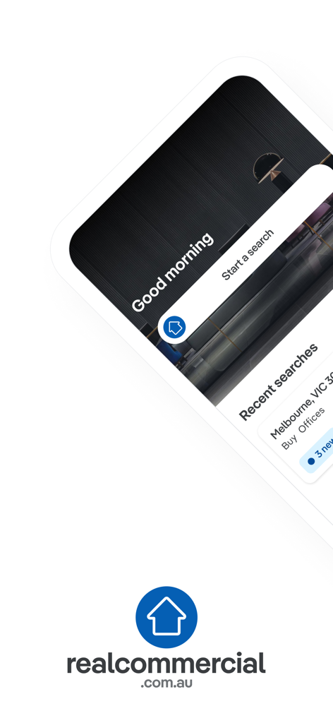 Realcommercial.com.au - Realcommercialアプリのインターフェース。検索バーと最近の商業用不動産検索が表示されたホーム画面を表示しています。