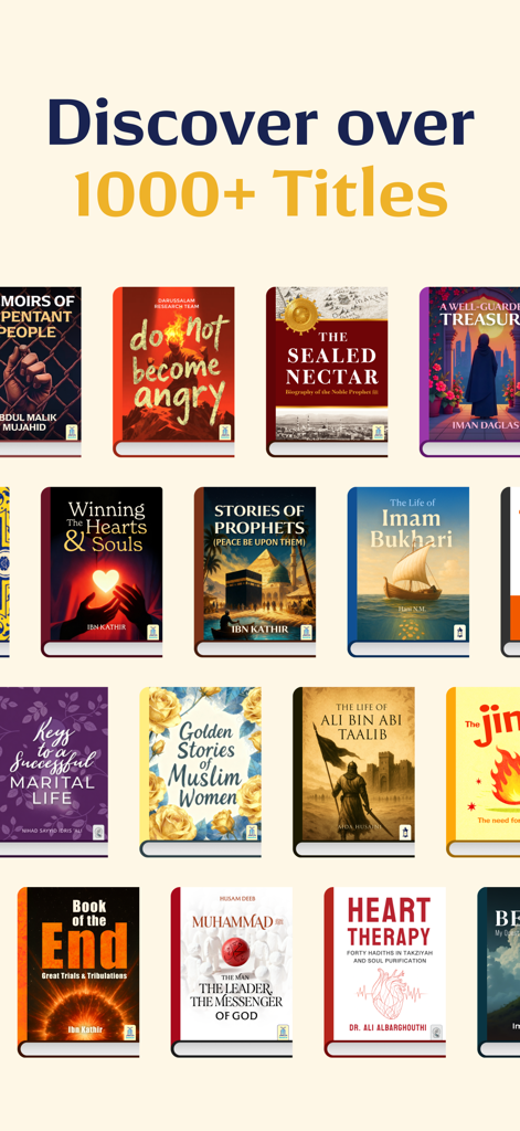 True Ilm: Audiobooks & eBooks - A display of various Islamic book covers available in the True Ilm app library under the heading Discover over 1000 Titles.
