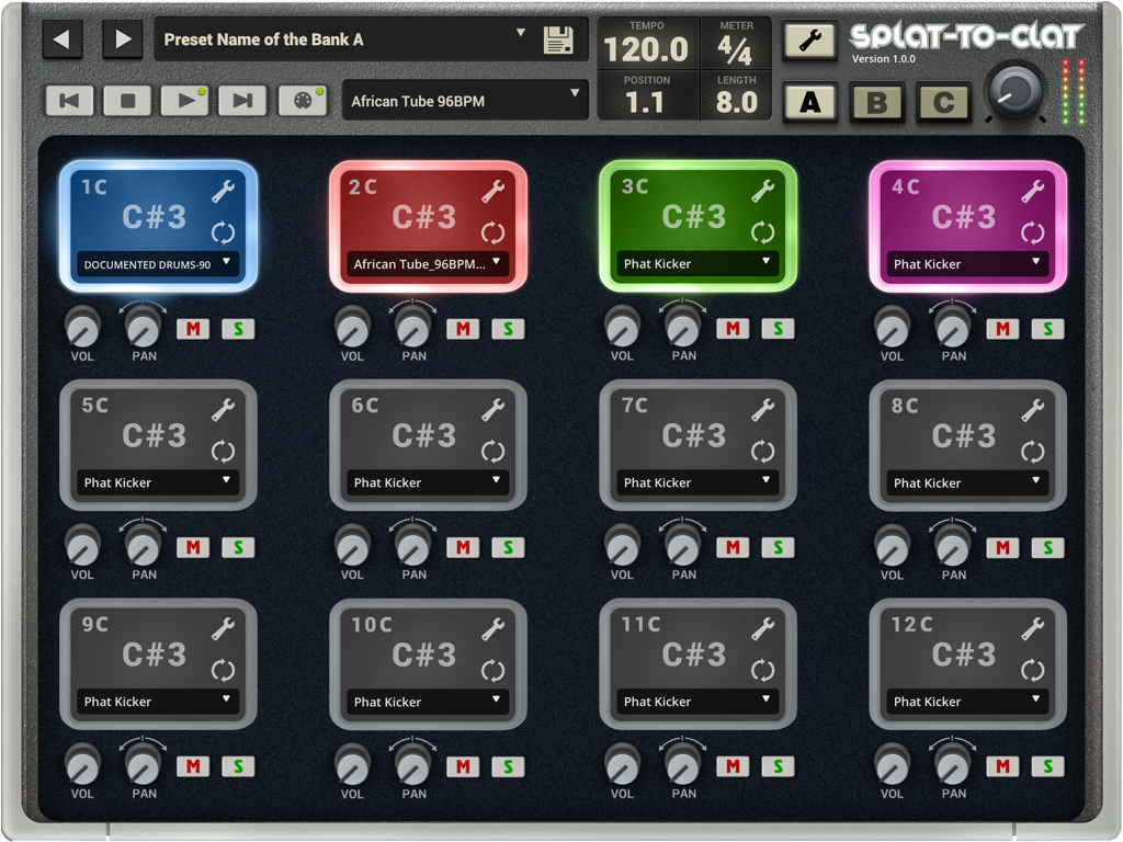 Splat-to-Clat - Splat-to-Clat mobile app interface showing drum pads and mixing controls for urban music production.