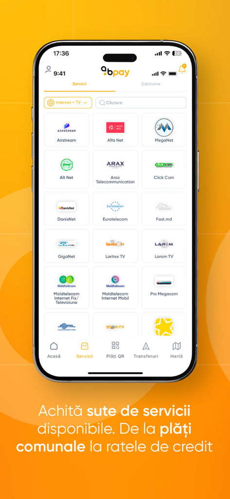 BPay mobile app screen showing a list of Moldovan internet and TV service providers