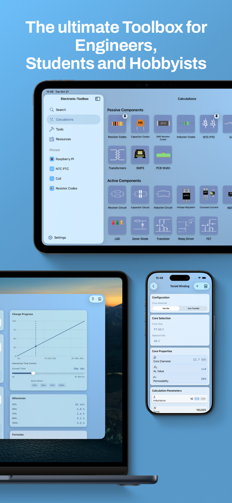 Electronic-Toolbox 2 - Electronic Toolbox 2 app interface shown on iPhone and iPad featuring various electronic component calculators and engineering tools
