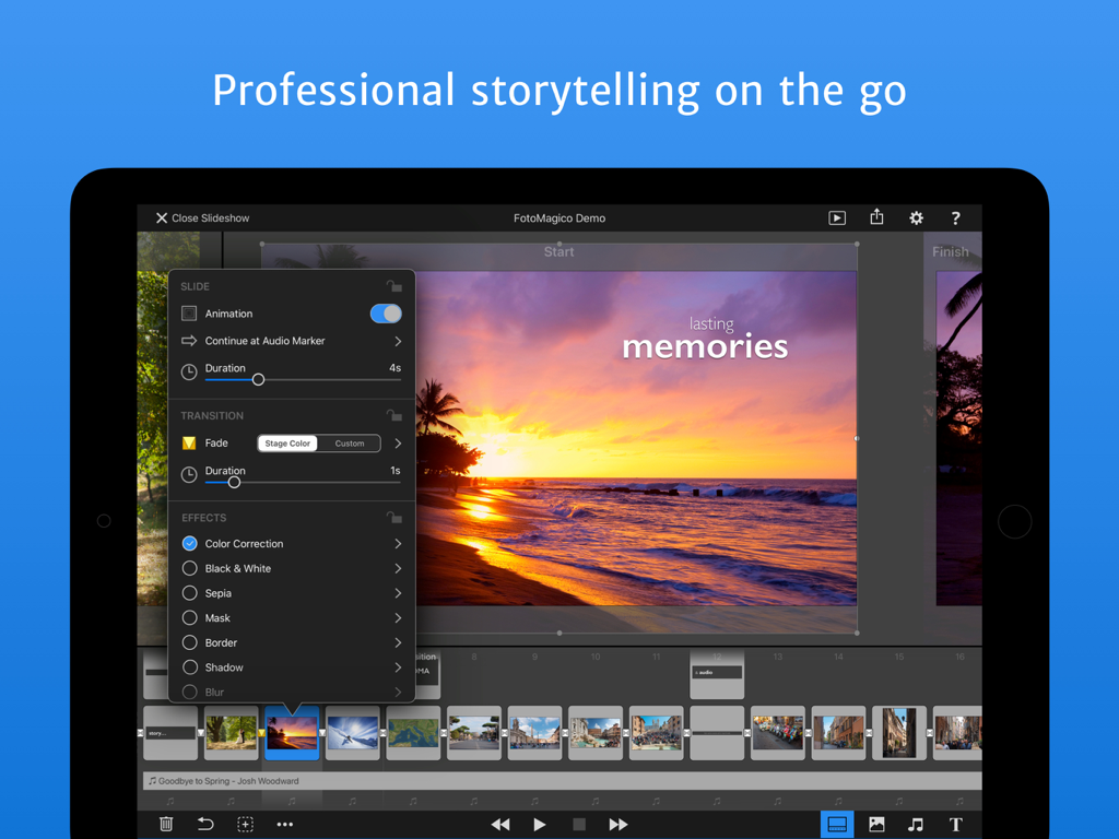 FotoMagico for iPad - FotoMagico iPadアプリのインターフェース。プロのスライドショー編集ツールと夕焼けの画像プロジェクトを表示しています。