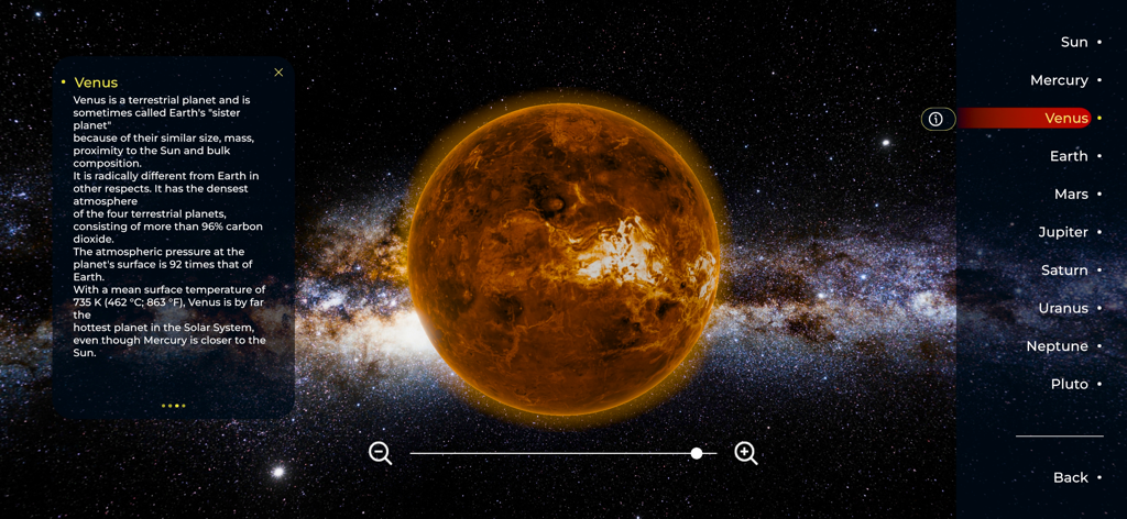 Solar System Planets: 3D Space - 3D view of Venus with scientific facts and planet menu in the Solar System Planets app