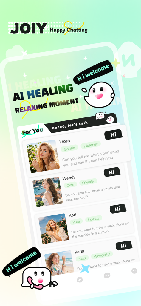 Joiy：Adult，Chat & Social Hub - Captura de tela da interface do aplicativo Joiy mostrando uma lista de companheiros de chat de IA como Liora e Wendy com opções para iniciar uma conversa.