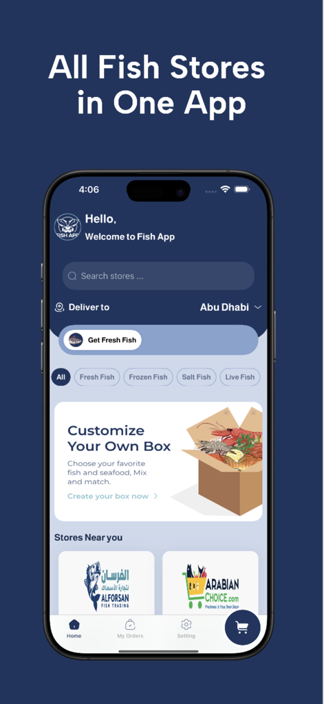 Mobile app interface of Fish App showing local seafood stores and a customize your own box feature.
