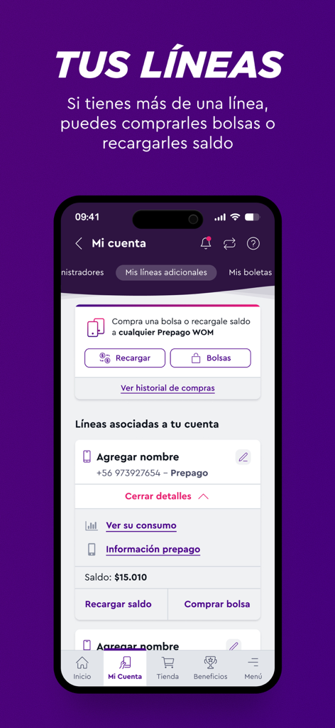 WOM Chile App-Screenshot, der den Bereich 'Mein Konto' zum Verwalten mehrerer Telefonleitungen und zum Aufladen von Prepaid-Guthaben anzeigt