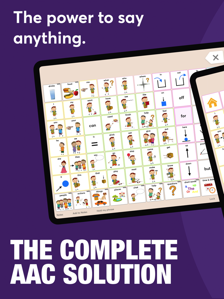 Fluent AAC: Communication App - iPad screen showing the Fluent AAC communication grid with icons and words for speech assistance
