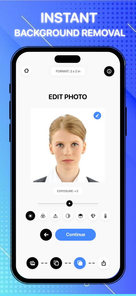 ID Photo: Passport Photo - Passport photo app interface showing instant background removal for a 2x2 inch ID picture.