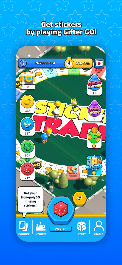 Sticker Trade - Sticker Trade Gifter GO board game minigame for earning Monopoly GO stickers
