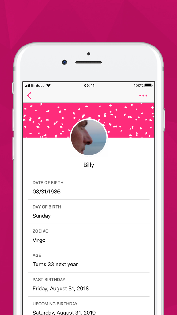 Birdees - Birthday Reminder - Birdees app screenshot showing detailed birthday information for a contact including zodiac and age