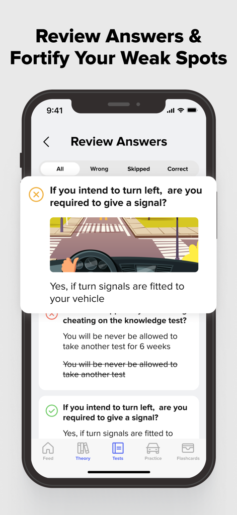 Driving Theory Test Prep 2025 - Pantalla de revisión del examen teórico de conducir que muestra las respuestas correctas y explicaciones para las preguntas de práctica.