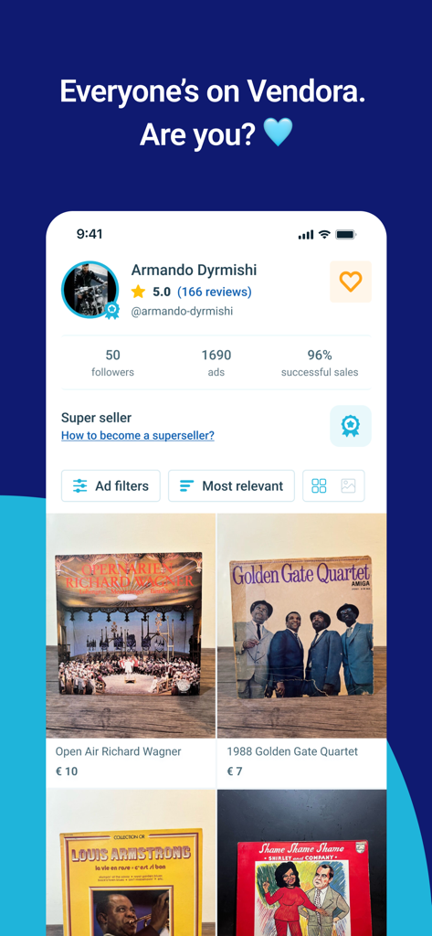 A user profile on the Vendora app showing a super seller badge and vintage vinyl records for sale.