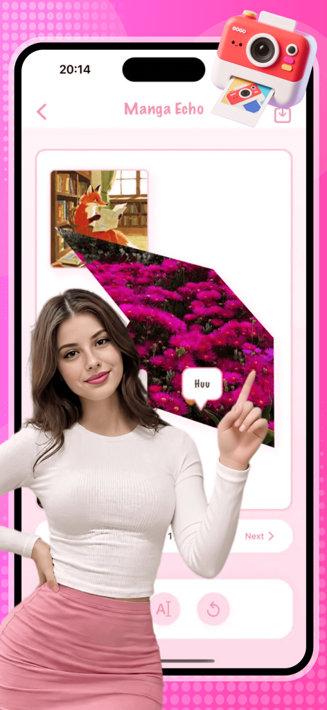 A woman using the Mafoo Manga Echo mobile app to create a digital comic with irregular shaped panels and voice-to-speech bubbles.