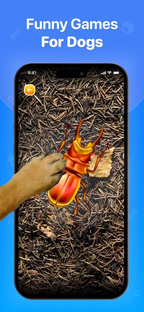 Dog & Human・Barking Games - A dog paw touching a digital stag beetle in an interactive mobile game for pets
