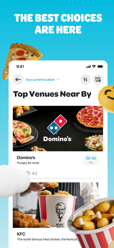 L'interface de l'application Wolt affiche les meilleurs restaurants à proximité, comme Domino's et KFC.