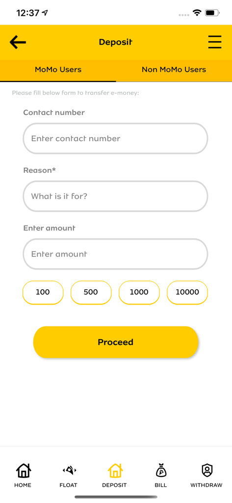 Deposit screen of MoMo Agent app showing input fields for contact number reason and amount