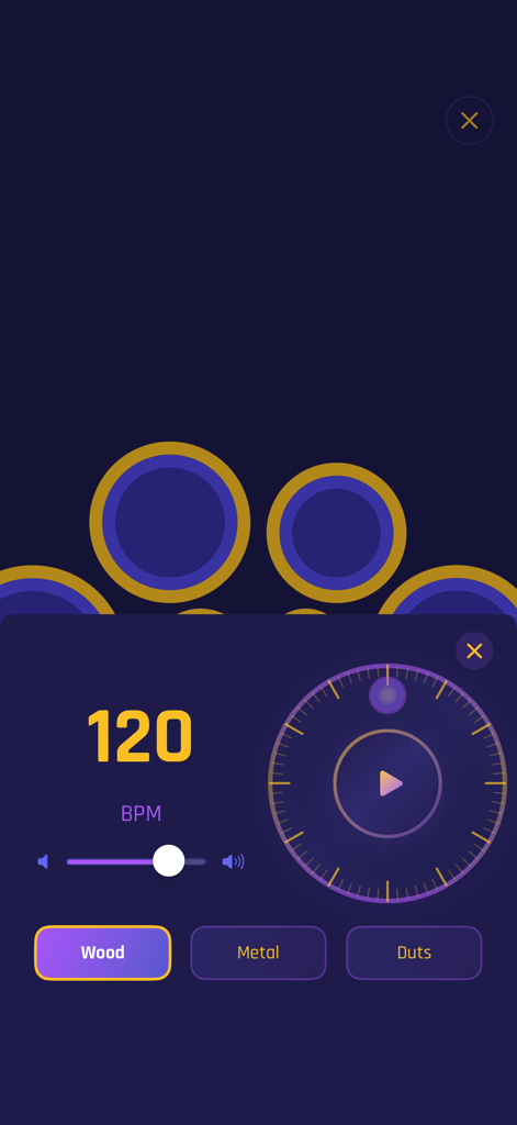 Drumline - Metronome interface of the Drumline app displaying 120 BPM with sound options for wood metal and duts