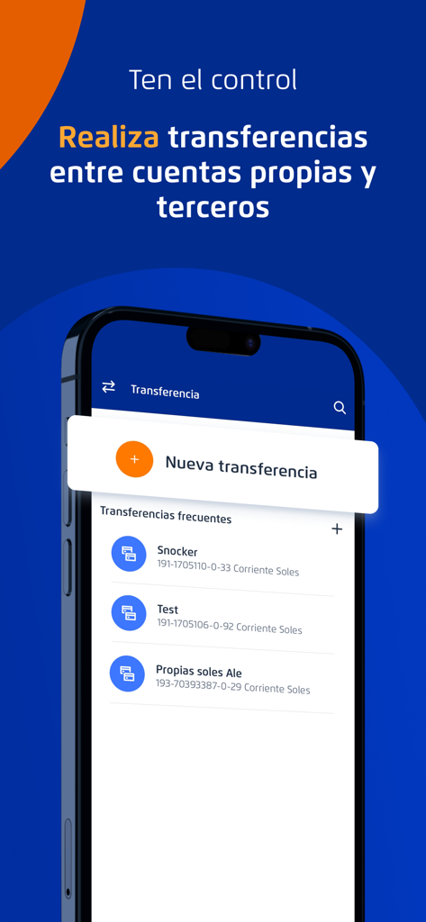 Interface of the Telecredito Movil BCP app showing options to make transfers between business accounts
