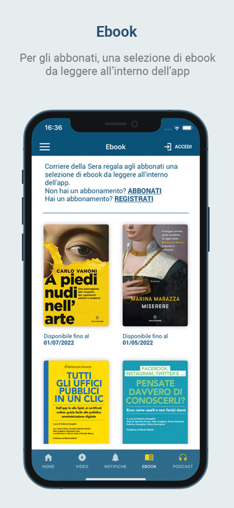 Captura de pantalla de la sección de libros electrónicos de la aplicación Corriere della Sera que muestra títulos de libros digitales disponibles para suscriptores.