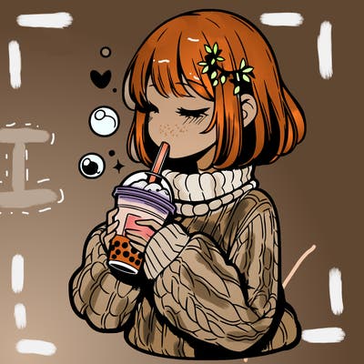 manga girl drinking boba in cozy sweater