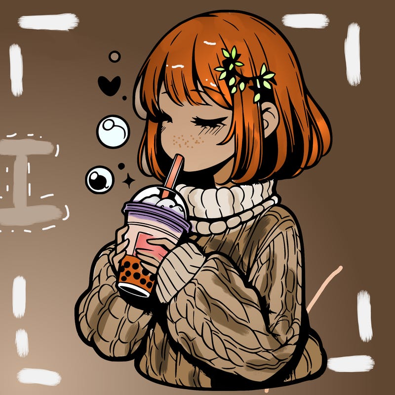 manga girl drinking boba in cozy sweater