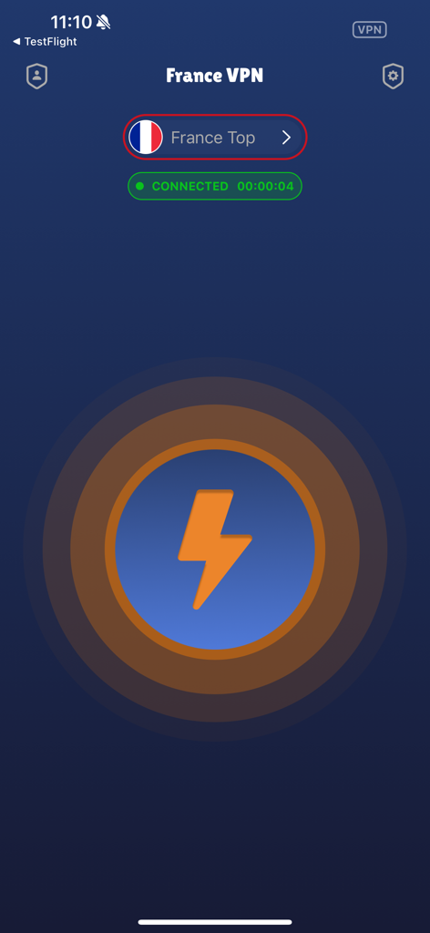 VPN France - Interface de l'application VPN France montrant une connexion réussie à un serveur français avec une icône d'éclair