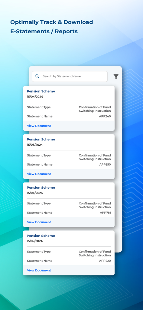 A list of pension scheme e-statements and fund switching reports on the iFAST ePENSION mobile app interface.