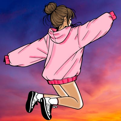 realistic girl jumping with a bun and oversized sweatshirt