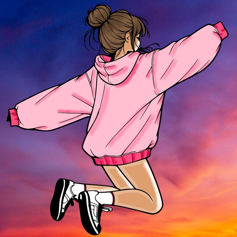 realistic girl jumping with a bun and oversized sweatshirt