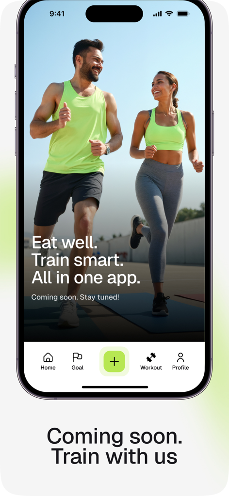 Calori — Calorie Counter, Diet - Interfaz de la aplicación Calori con una pareja corriendo y un avance de las próximas funciones de entrenamiento y nutrición todo en uno.