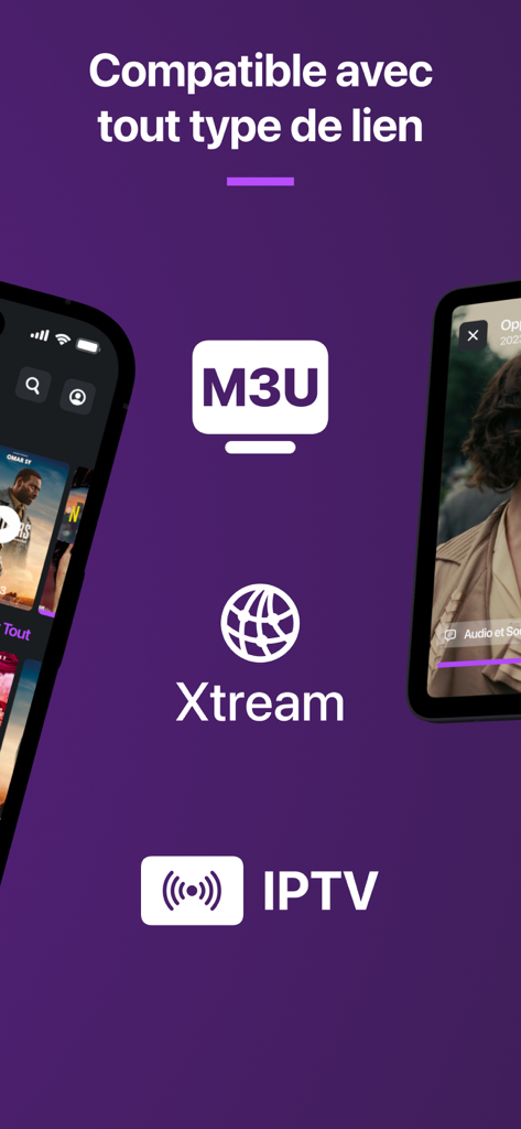 Oberfläche, die die Unterstützung für M3U Xtream und IPTV Linkformate auf einem lila Hintergrund zeigt