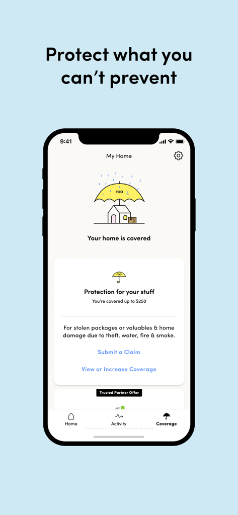 Kangaroo: Simple Home Security - Kangaroo home security app coverage screen showing insurance protection for stolen packages and valuables up to 250 dollars