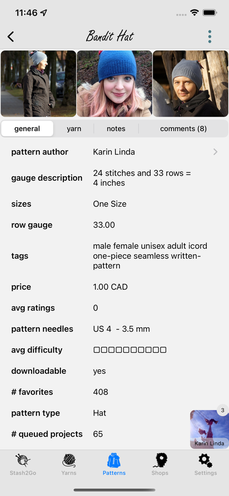 Stash2Go - Interface do aplicativo móvel Stash2Go mostrando os detalhes de um padrão de tricô para um projeto de chapéu.