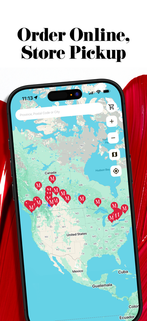 Modern Beauty App Screenshot mit einer Karte mit Filialstandorten für die Abholung von professionellen Beauty-Produkten