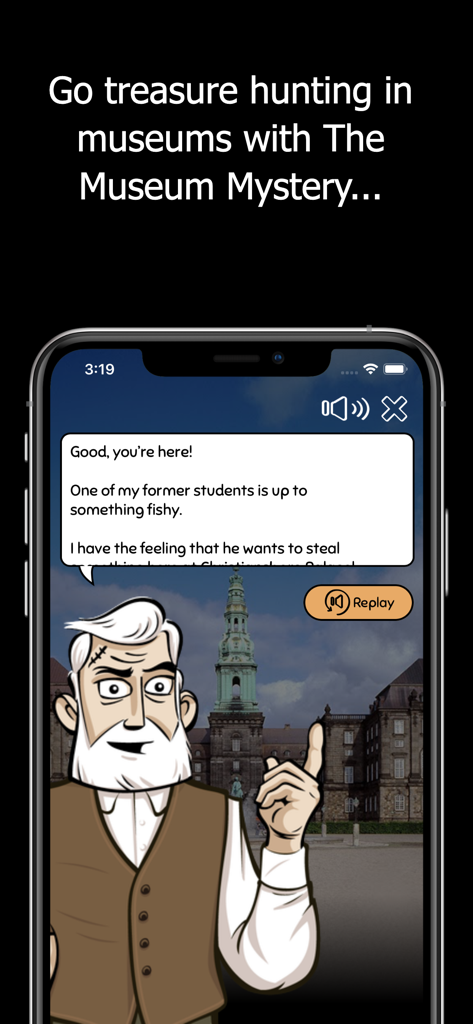 Useeum - Professor Blom introducing The Museum Mystery game at Christiansborg Palace in the Useeum app.