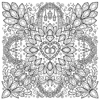 Celebrate love with this magnificent coloring page featuring a kaleidoscope of sparkling gems and wedding motifs. Intricate rings, elegant floral arches, and dazzling crystals combine in a symmetrical design ready for your creative touch.