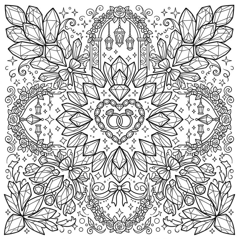 Celebrate love with this magnificent coloring page featuring a kaleidoscope of sparkling gems and wedding motifs. Intricate rings, elegant floral arches, and dazzling crystals combine in a symmetrical design ready for your creative touch.