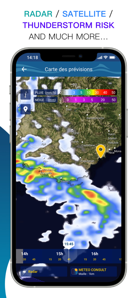 Météo Marine - Meteo Marine app showing an interactive precipitation radar map with rain and snow intensity levels for coastal weather monitoring.