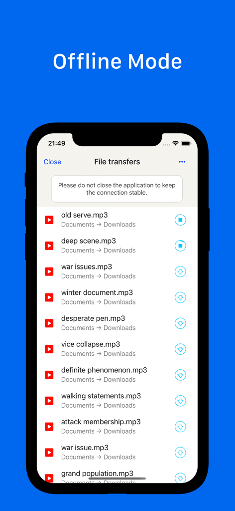 Schermata iPhone che mostra il trasferimento di file MP3 per la riproduzione offline nell'app Musicbox