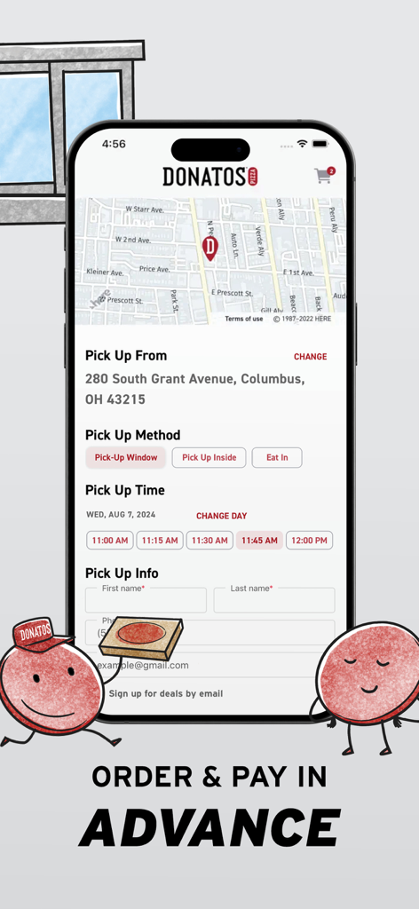 Donatos Pizza mobile app screen showing options to order and pay in advance with pickup details.