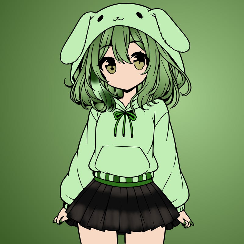 pretty anime girl wearing a fluffy hoodie with bunny ears on the hood and a skirt