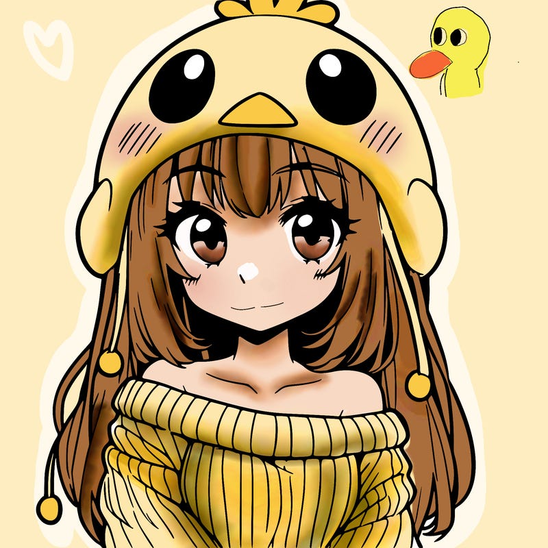 anime girl with chick shaped hat with sweater with bare shoulders with bangs covering them one eye with low tail