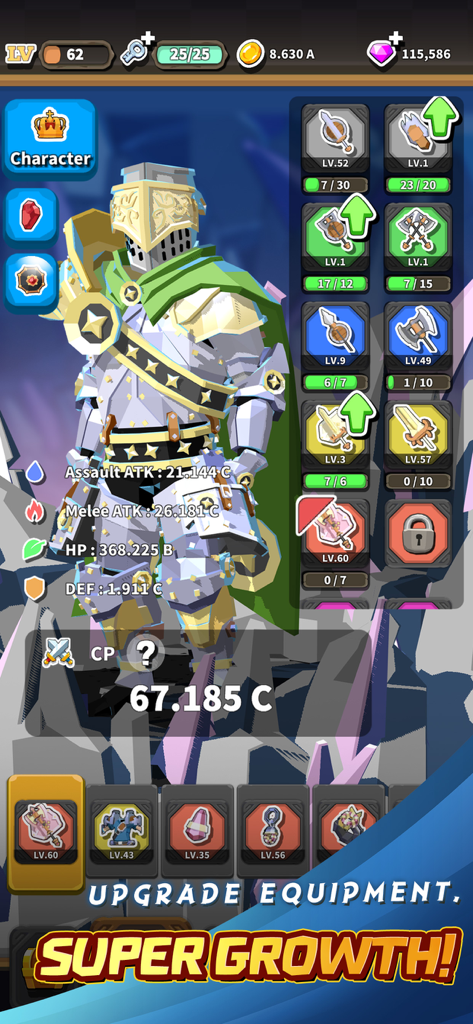 Character customization screen in Dungeon of Gods showing a knight in armor with various weapon upgrades and stats