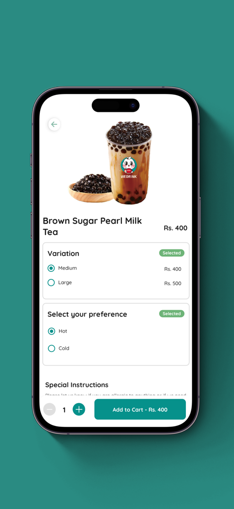 WEDRINK PK - Brown sugar pearl milk tea order screen in WEDRINK PK app