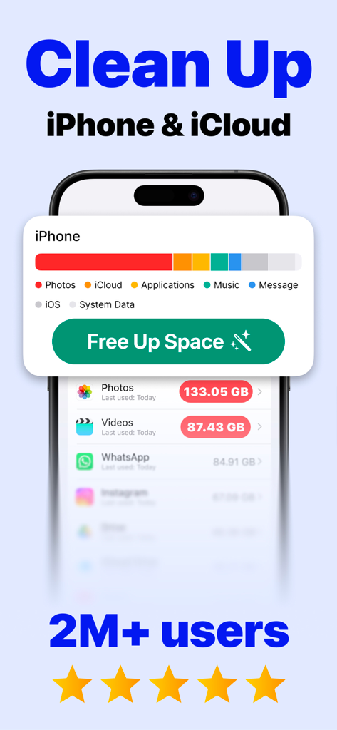 Clean Master app storage cleanup interface with free up space button